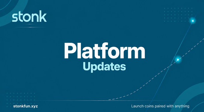 A dark blue promotional banner from Stonk displays the text "Platform Updates" alongside the tagline "Launch coins paired with anything" and the website "stonkfun.xyz," reinforcing the platform's feature announcements referenced in the post about the Ecosystem Flywheel buyback and burn mechanism benefiting tokens like $MANLET and $ANSEM.