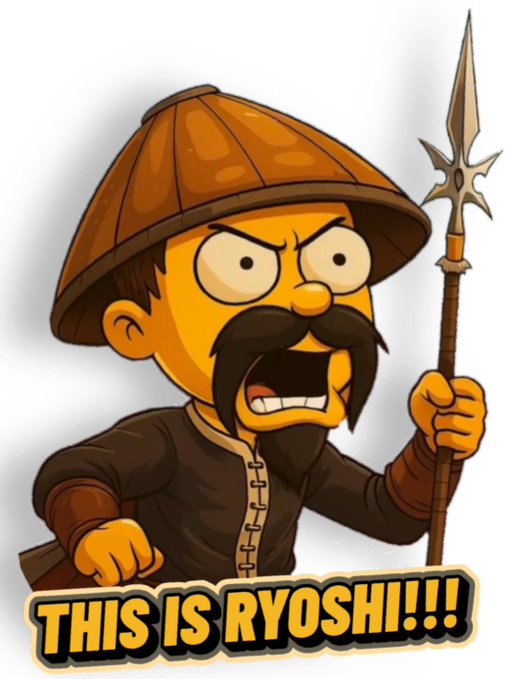 !"This is Ryoshi!", a cartoon character with a brown hat, mustache, and sword, holding it aloft against a white background.