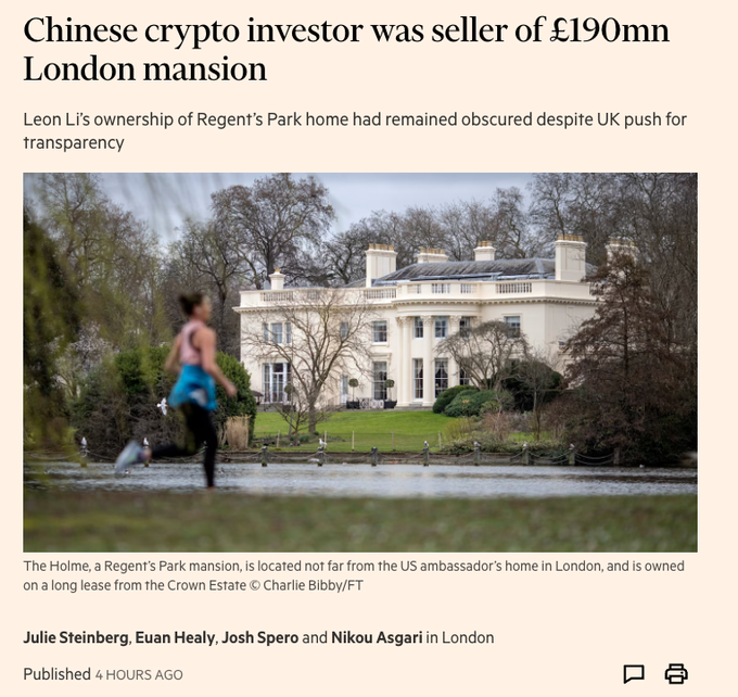 A news article titled "Chinese crypto investor was seller of £190mn London mansion" featuring a photo of a large white mansion with the caption identifying it as "The Holme, a Regent's Park mansion" owned by Leon Li.