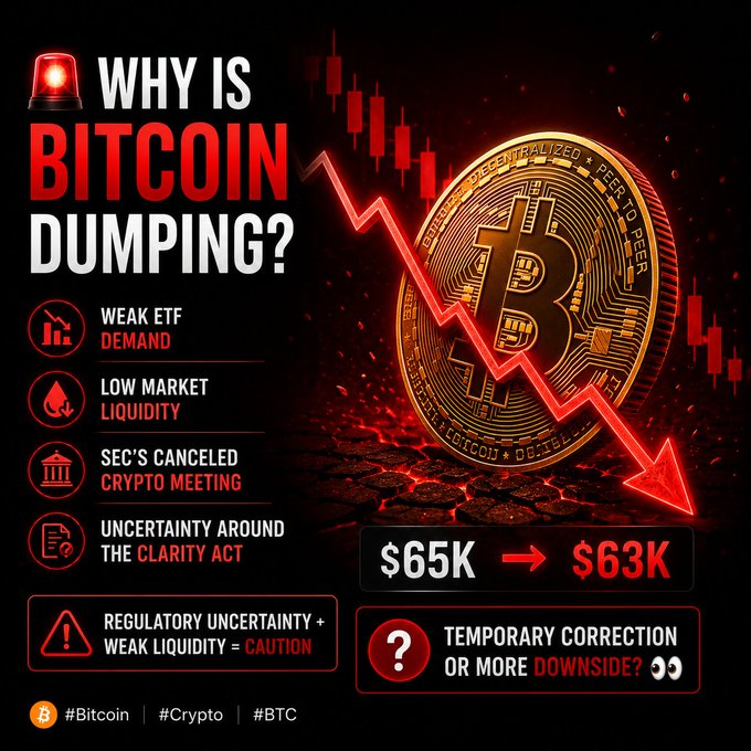 An infographic titled 'Why Is Bitcoin Dumping?' citing weak ETF demand, low market liquidity, SEC's canceled crypto meeting, and uncertainty around the Clarity Act, with Bitcoin falling from $65K to $63K.