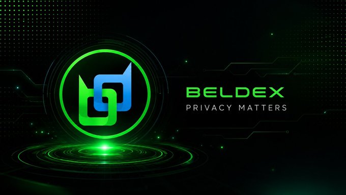 Logo and branding for "BELDEX" with the tagline "PRIVACY MATTERS," featuring a green and blue interlocking symbol on a dark circuit-board background.