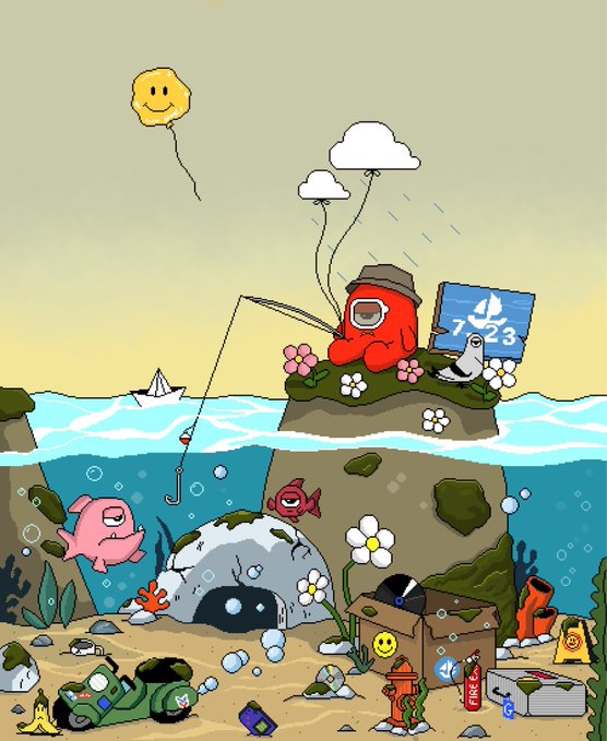 A whimsical cartoon scene showing a red character fishing on a small island with a sailboat billboard reading '7+23', while underwater shows polluted seabed with trash, a pig, and a fish, with a sad balloon floating above.
