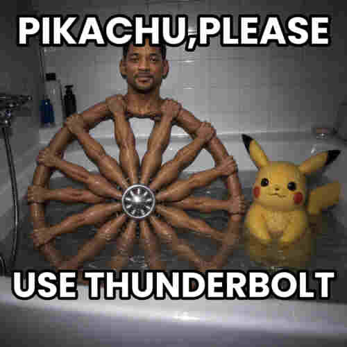 The image is a surreal meme showing a man in a bathtub with multiple arms arranged in a circular pattern, resembling the Pokémon move "Rain Dance," with Pikachu sitting beside him. The text reads "PIKACHU, PLEASE" at the top and "USE THUNDERBOLT" at the bottom, humorously referencing the need for help after being repeatedly scammed ("rugged") in crypto. The bizarre, chaotic imagery of the multi-armed man mirrors the desperate, helpless feeling of someone who's been taken advantage of multiple times in a single day.