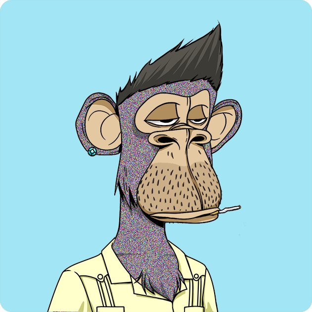 A stylized cartoon illustration of a weary-looking purple and brown monkey with a mohawk, smoking a cigarette, resembling a Bored Ape Yacht Club NFT.