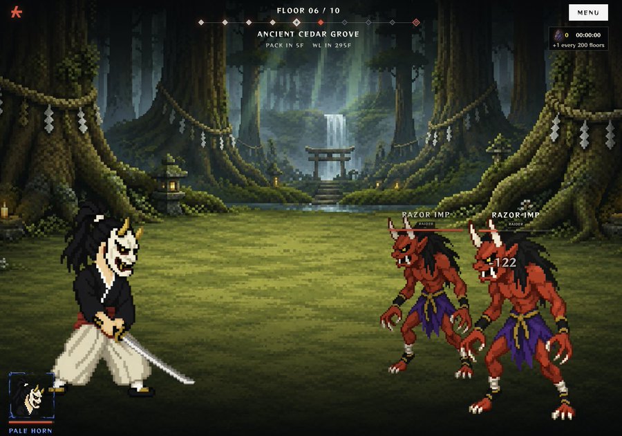 A pixel art video game scene titled 'ANCIENT CEDAR GROVE' on floor 06/10, showing a samurai character called 'PALE HORN' wielding a sword facing two red demon enemies labeled 'RAZOR-IMP' in a forest setting with a torii gate and waterfall in the background.