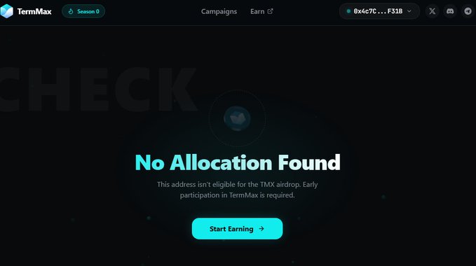 A screenshot of the TermMax website showing 'No Allocation Found' with text stating that the address isn't eligible for the TMX airdrop and that early participation in TermMax is required.