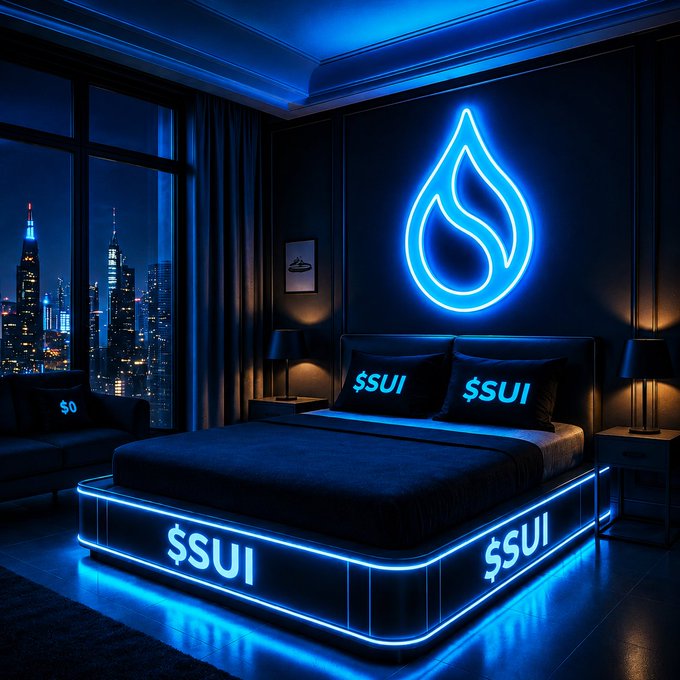 A modern bedroom with neon blue lighting featuring a bed with '$SUI' branded pillows and base, and a glowing Sui cryptocurrency logo on the wall.