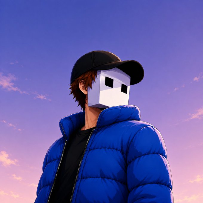 A figure wearing a black cap and puffy blue jacket stands against a purple-tinged sky, with a white blocky mask featuring simple black square eyes covering their face, evoking a sense of anonymous resilience that complements the optimistic spirit of "Gm, today might be a worthy day."