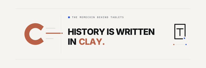 A banner image featuring the text "THE MEMECOIN BEHIND TABLETS" and "HISTORY IS WRITTEN IN CLAY." with a large orange 'C' and a 'T' logo.