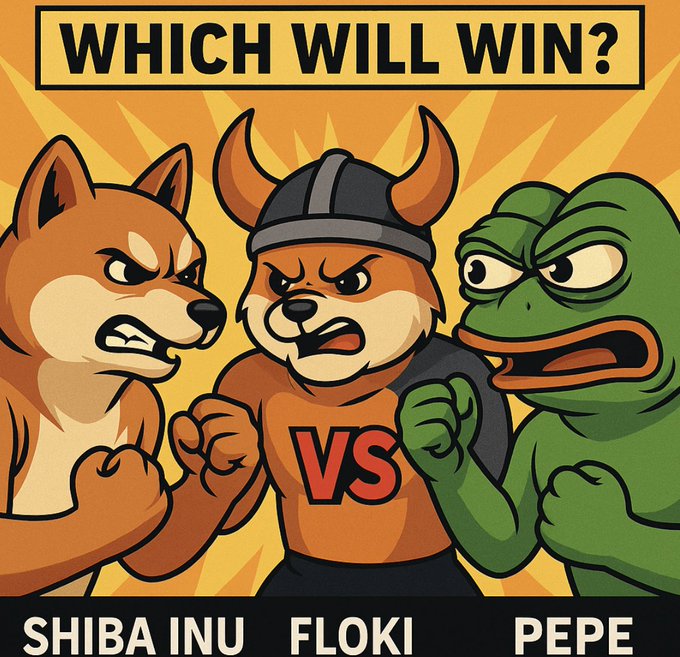 This image depicts a "Which Will Win?" battle between Shiba Inu, Floki, and Pepe, with Floki in the center. The accompanying post "$FLOKI" suggests Floki is the victor.