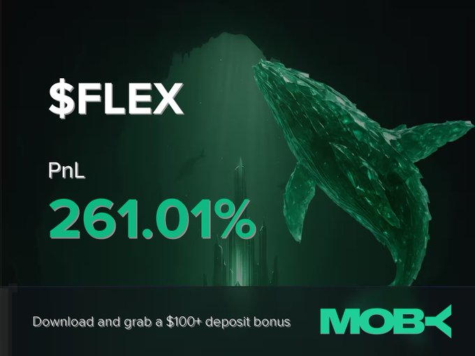 A promotional graphic for Moby Mobile displays a green wireframe whale and highlights a trade win alert, showing the "$FLEX" ticker with a "PnL 261.01%" return, promoting a $100+ deposit bonus at the bottom.