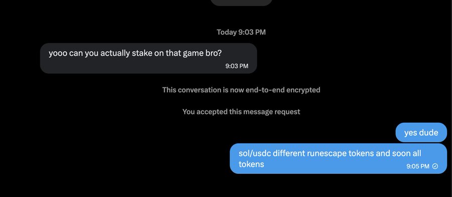 A dark-mode text message conversation discussing cryptocurrency staking for a game, mentioning SOL/USDC tokens, RuneScape tokens, and other cryptocurrencies.