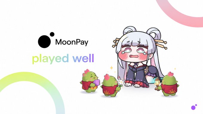 A promotional graphic for MoonPay with the text 'played well' alongside a chibi-style anime character and small frog mascots on a white background with pastel accents.