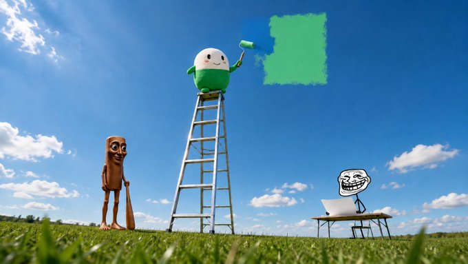 A green, round character stands on a tall ladder in a grassy field, painting a square of green onto the bright blue sky with a paint roller, while a troll-faced figure holding a shovel watches from below and a smug trollface meme sits at a laptop on a table nearby—setting the scene for an absurd creative endeavor.