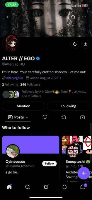 A Twitter/X profile page for @AlterEgo_HQ displaying 'ALTER // EGO' as the display name, with bio text reading 'I'm in here. Your carefully crafted shadow. Let me out!' and a website link to alterego.io.