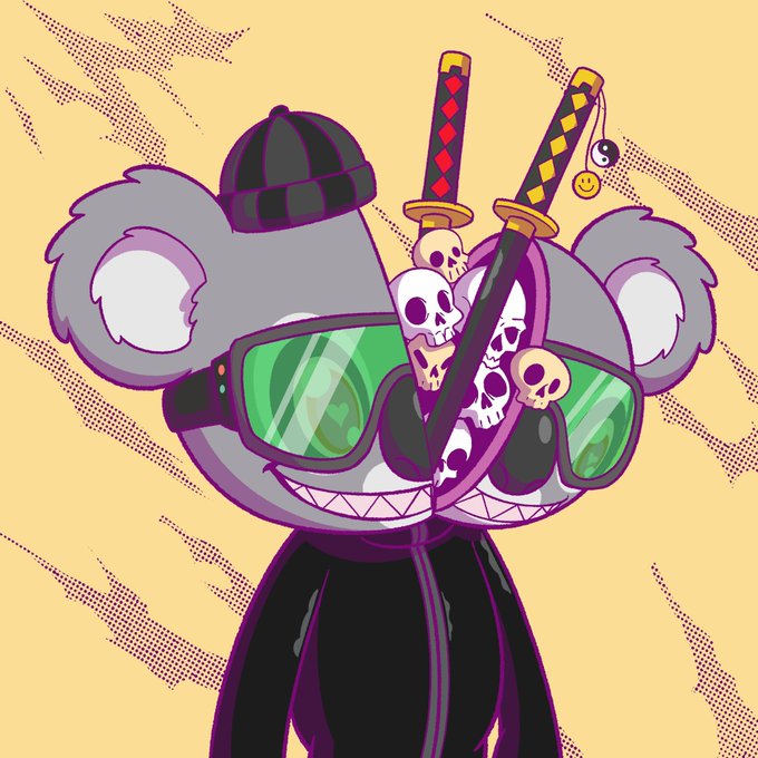 A cartoon illustration of a split-faced character resembling a koala wearing a beanie, with one side showing a normal smiling face and the other featuring crossed swords, skulls, and a beanie against a yellow halftone background.