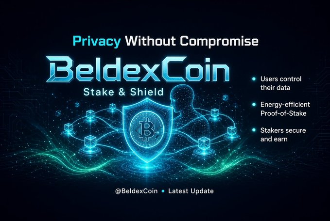 Promotional graphic for BeldexCoin cryptocurrency featuring the tagline 'Privacy Without Compromise' and 'Stake & Shield', highlighting user data control, energy-efficient Proof-of-Stake, and staking rewards.