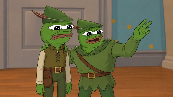 Two cartoon frogs dressed as Robin Hood and Little John stand together, with the larger frog pointing enthusiastically while the smaller one looks on shyly, humorously depicting the "entries everywhere" theme from the on-chain transaction announcement for wallet 0x5266eeafF092D6136AB63D18B975A60a0Cc0C8f7.