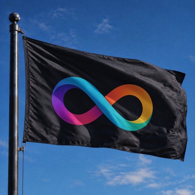 A black flag waving against a blue sky, displaying a colorful rainbow gradient infinity symbol.