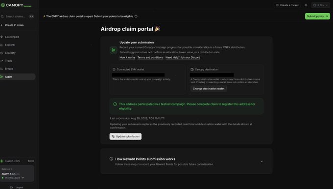 A screenshot of a web interface for 'CANOPY' showing an 'Airdrop claim portal' page with options to 'Connected EVM wallet' or 'Canopy destination', a green success message stating the address participated in a testnet campaign, and the user logged in as '0x267...EBO'.