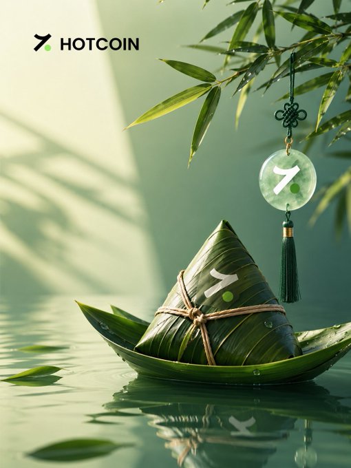 The image features a green paper boat floating on water, with a small white circle hanging from its side. The boat appears to be made of leaves or parchment paper, giving it an artistic appearance. The background consists of a tree branch extending into the distance, providing a natural setting for the scene. The post includes text that reads "Hotcoin", which is likely related to the image's theme.