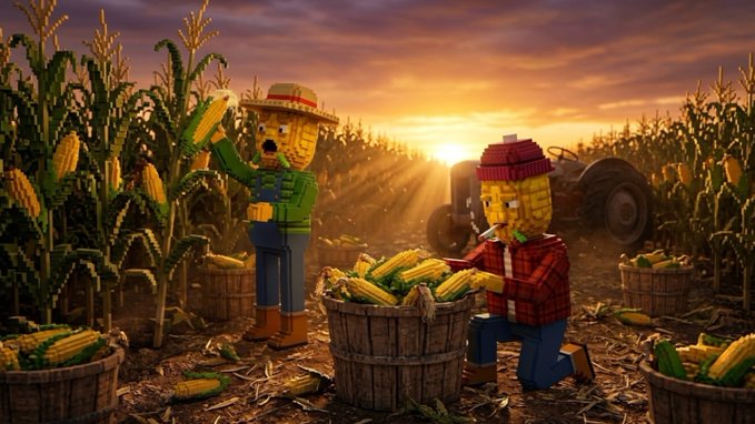 A stop-motion LEGO-style animation scene depicts two corn-headed farmer characters harvesting corn in a field at sunset.