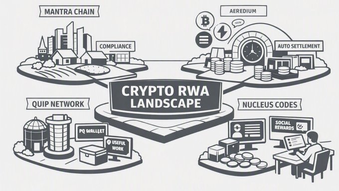 An illustrated infographic titled 'Crypto RWA Landscape' shows various crypto platforms including Mantra Chain, Aerodium, Quip Network, and Nucleus Codes with associated icons.