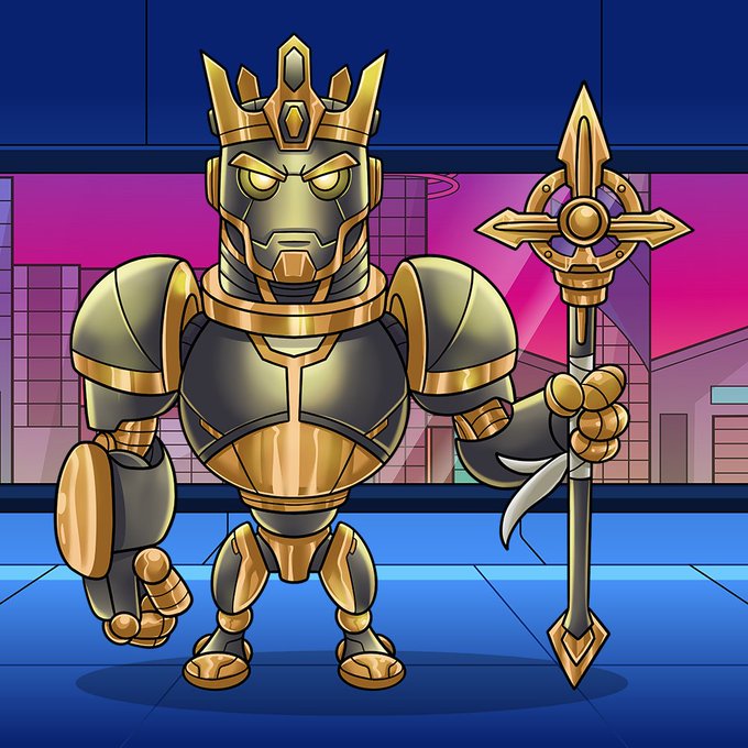 A chibi-style illustration of a regal robot warrior wearing a golden crown and armor, wielding an ornate staff with a purple gem, set against a vibrant blue and magenta background. The image personifies the "full stack developer" mentioned in the post, depicting them as a powerful, ready-to-execute armored champion ready to tackle any coding challenge.