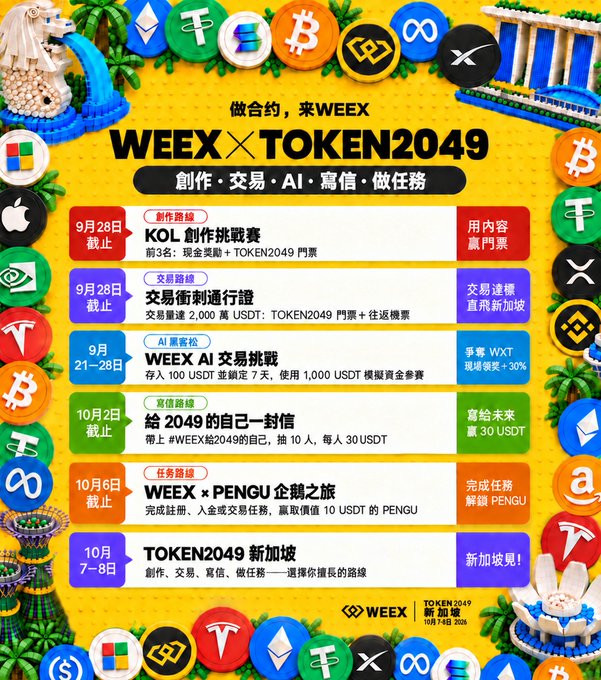 A colorful WEEX x TOKEN2049 promotional poster featuring various cryptocurrency logos and event details in Chinese text, listing activities from September 28 to October 8 in Singapore.