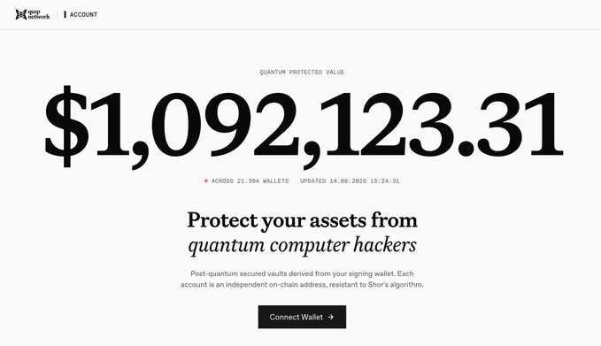 A webpage screenshot for the Sui Network displaying a "QUANTUM PROTECTED VALUE" of "$1,092,123.31" and the text "Protect your assets from quantum computer hackers".