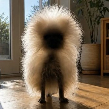 A small dog with an extremely voluminous, fluffy afro-like haircut standing on a wooden floor.