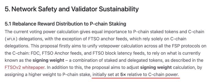 The image shows a screenshot of a text box or document with information about the proposal for FIP16, which appears to be related to the governance of Flare. This document provides guidelines that discuss rebalance reward distribution and P-chain stake, both of which are crucial aspects when it comes to managing power in the network. The post also mentions how to earn money from these rebalances using different methods based on whether they are conducted through the C-chain (liquid version) or the P-chain (locked version). This information is essential for understanding the proposal and potentially participating in the decision-making process behind it.