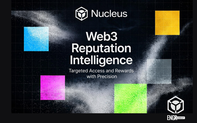 A dark promotional graphic for Nucleus featuring a black cube logo and the headline "Web3 Reputation Intelligence: Targeted Access and Rewards with Precision," surrounded by colorful textured squares (blue, yellow, magenta, green) and an "Engage Invest" badge, visually echoing the post's claim that Nucleus transforms reputation into a functional, precision-targeted asset rather than a vanity metric.