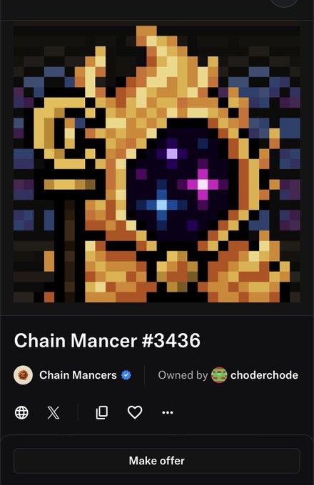 A pixel art NFT titled 'Chain Mancer #3436' showing a golden robed wizard holding a staff and a dark orb with colorful stars, listed for sale by 'choderchode'.