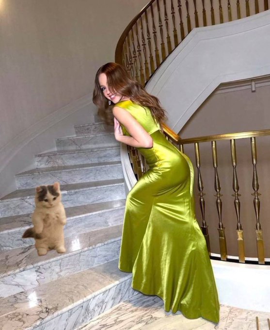 A woman in a long, flowing lime-green satin dress poses on a marble staircase next to a small, fluffy kitten standing on its hind legs.