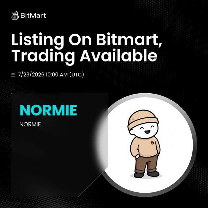 BitMart promotional graphic announcing the NORMIE (NORMIE) token listing, featuring a cartoon character mascot in a beanie and sweater, with details matching the post: trading opens 7/23/2026 at 10:00 AM UTC alongside the BitMart logo on a dark background.