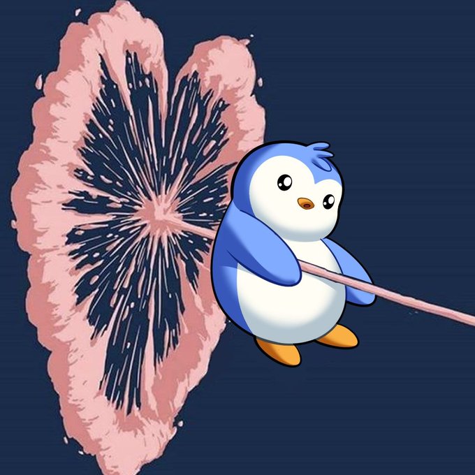 A cute cartoon illustration of a blue and white penguin holding a large pink, fluffy flower with a dark, textured center against a solid dark gray background.
