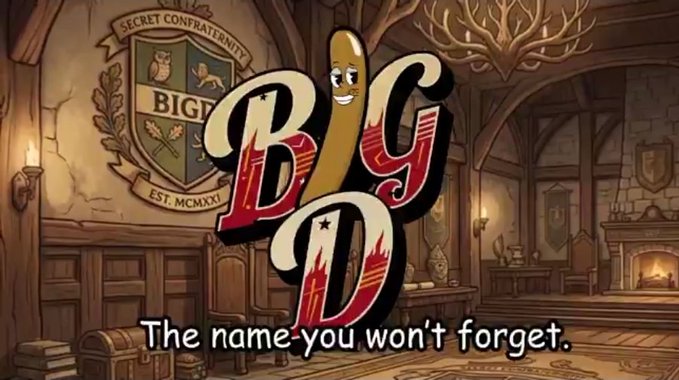 An animated logo for 'BIG D' with a smiling pickle character stands in front of a medieval-themed backdrop featuring a 'SECRET CONFRATERNITY' crest, with the tagline 'The name you won't forget.'