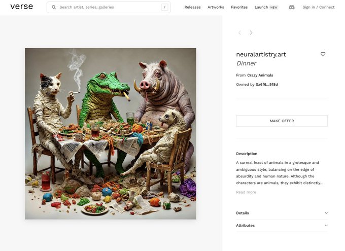 A webpage screenshot from the 'verse' NFT platform displaying a digital artwork titled 'Dinner' by neuralartistryart from the 'Crazy Animals' series, depicting a cat, crocodile, hippo, and dog seated at a dining table scattered with debris.