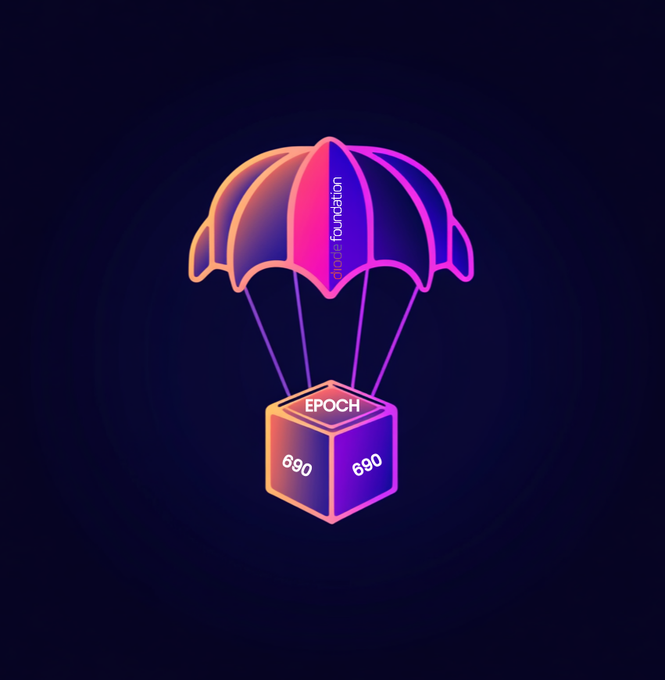 A neon-style digital illustration showing a parachute attached to a cube labeled 'EPOCH 690' against a dark background.