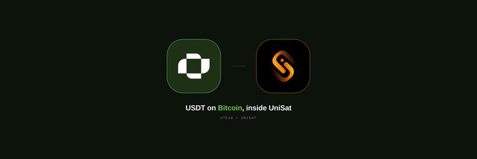 A dark graphic showing a partnership between USDT (Tether) and UniSat, with their logos displayed and text 'USDT on Bitcoin, inside UniSat'.