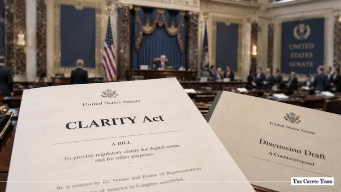 A copy of the "CLARITY Act" bill and a "Discussion Draft" counterpart rest on a desk inside the U.S. Senate chamber, with the "United States Senate" emblem visible in the background, illustrating the legislative context of the recent failed procedural vote on the digital asset regulatory bill.