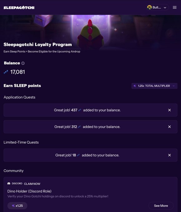 Screenshot of the Sleepagotchi Loyalty Program dashboard showing a balance of 17,081 sleep points, with options to earn points through Application Quests and Community activities.