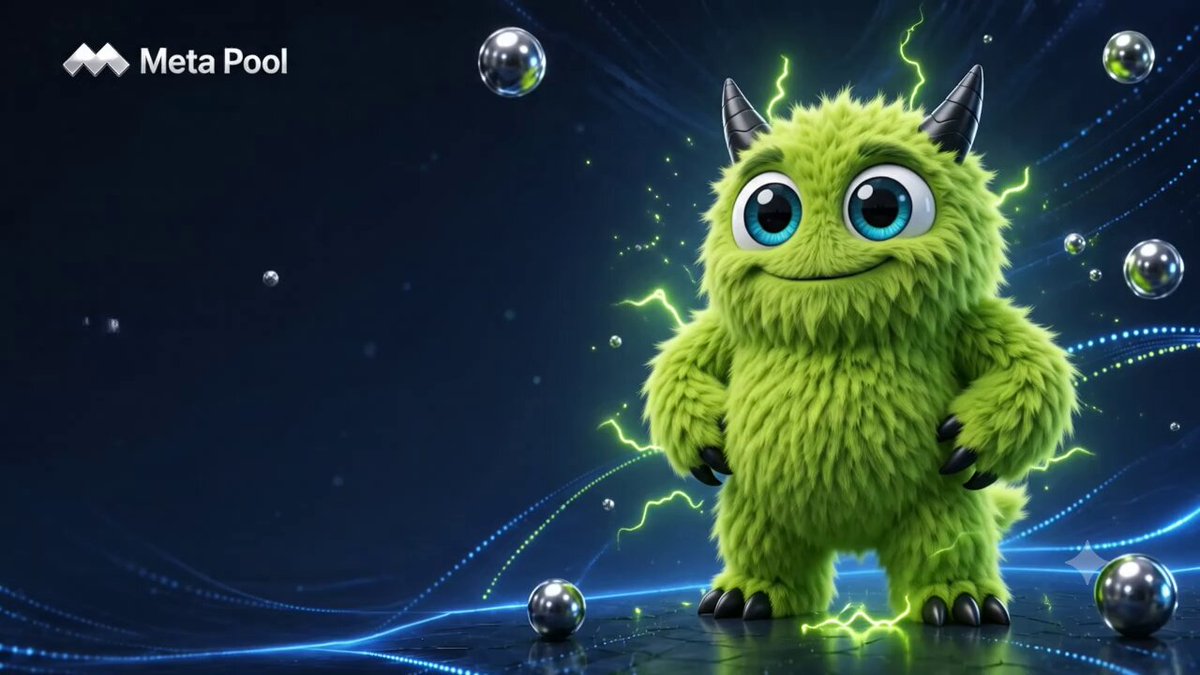The image features a green monster standing against a blue background. The monster has horns and is surrounded by numerous small balls scattered around its body. The text at the bottom of the image reads "New in the Meta Pool referral program: Your quality score now multiplies everything. Same stake. Same referrals. Two users with completely different results, because of this one number". This suggests that the monster's presence in the image is related to a marketing campaign or promotional material for the Meta Pool platform.