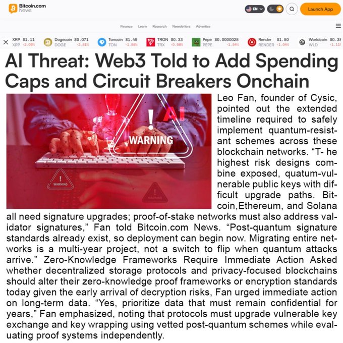 A Bitcoin.com News article titled 'AI Threat: Web3 Told to Add Spending Caps and Circuit Breakers Onchain,' featuring commentary from Cysic founder Leo Fan on quantum-resistant schemes for Bitcoin, Ethereum, and Solana.