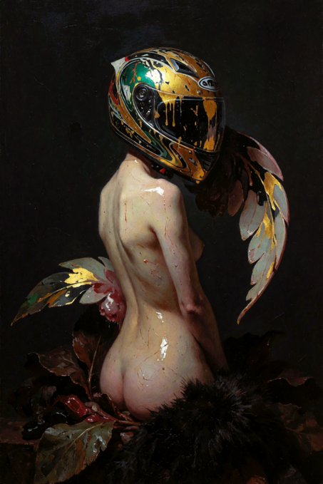 A dark, painterly artwork of a nude figure seen from behind, their head replaced by a colorful motorcycle helmet, surrounded by autumn leaves and dark, feather-like textures.