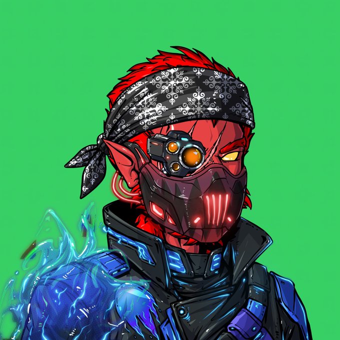 A digital illustration of a red-skinned cyborg character with a bandana, glowing mask, and blue energy effects on a green background.
