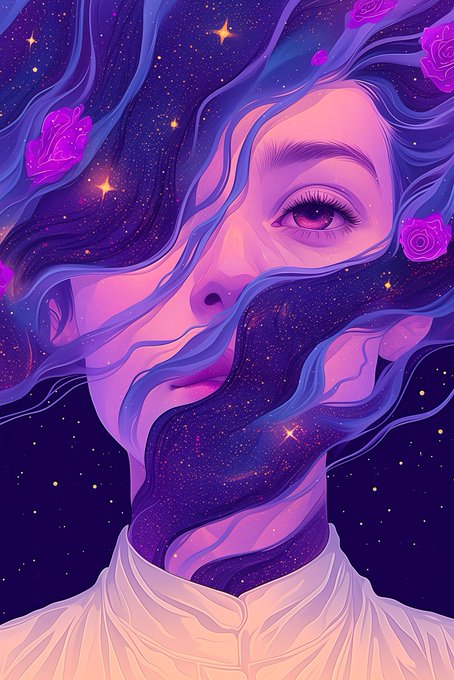 A vibrant digital illustration of a woman whose face merges into flowing purple and pink cosmic waves adorned with stars and pink roses.