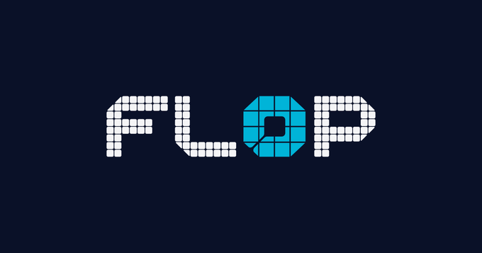 A minimalist logo for "FLOP" displayed in a white pixelated font with a teal square replacing the 'O', set against a solid dark navy blue background.