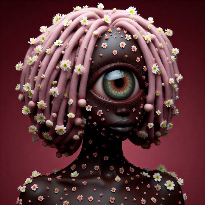 A surreal digital artwork of a figure with pink dreadlocks adorned with small white flowers, featuring a single large eye in the center of its face.